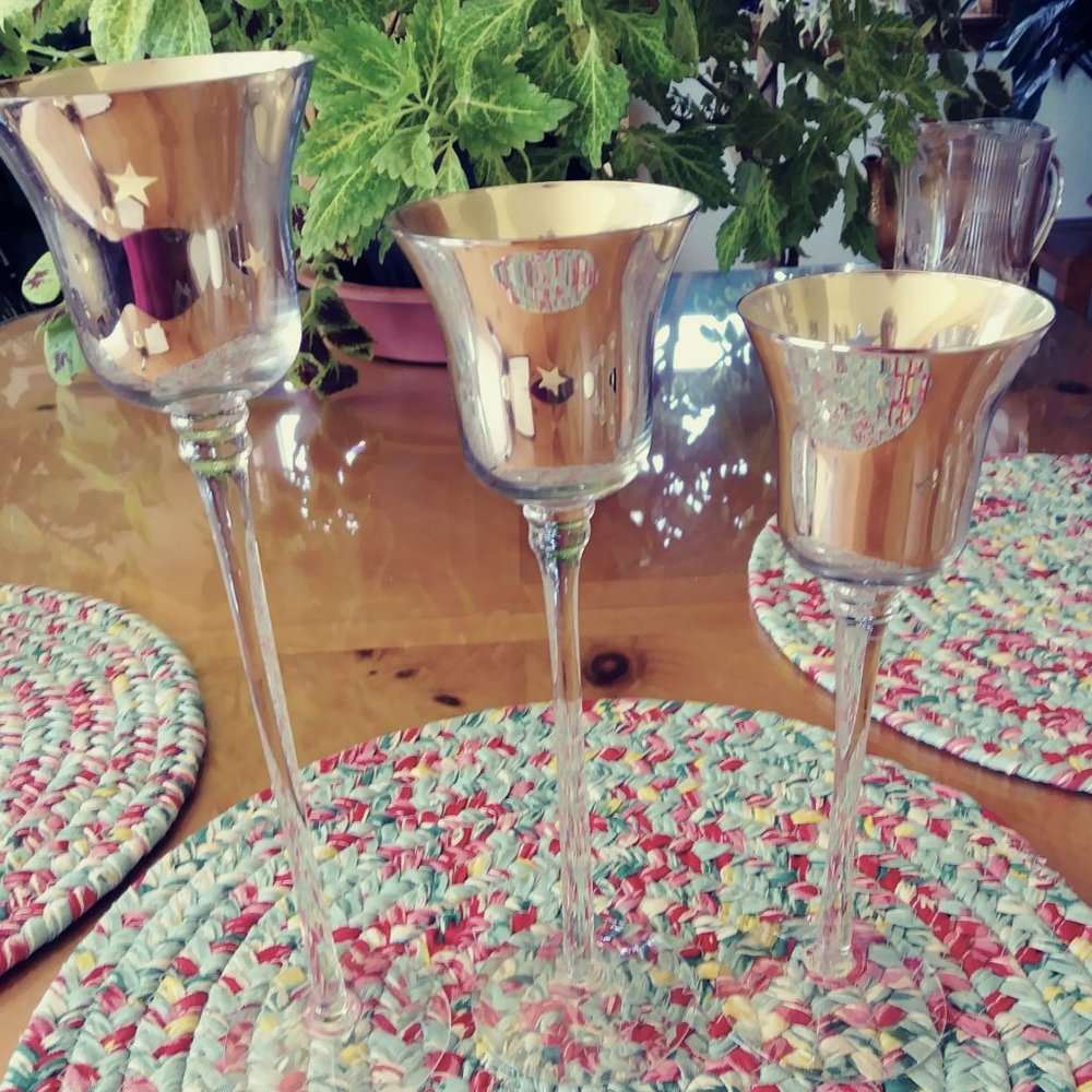 Vintage Votive Candle Set, Long Stem Glass with Silverplated Holder with Cutouts